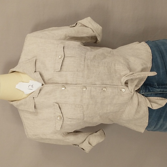 Natural 100% Linen Short Tie Front Top Sexy Safari Neutral Shirt 41" Bust MrkLg - Picture 11 of 13